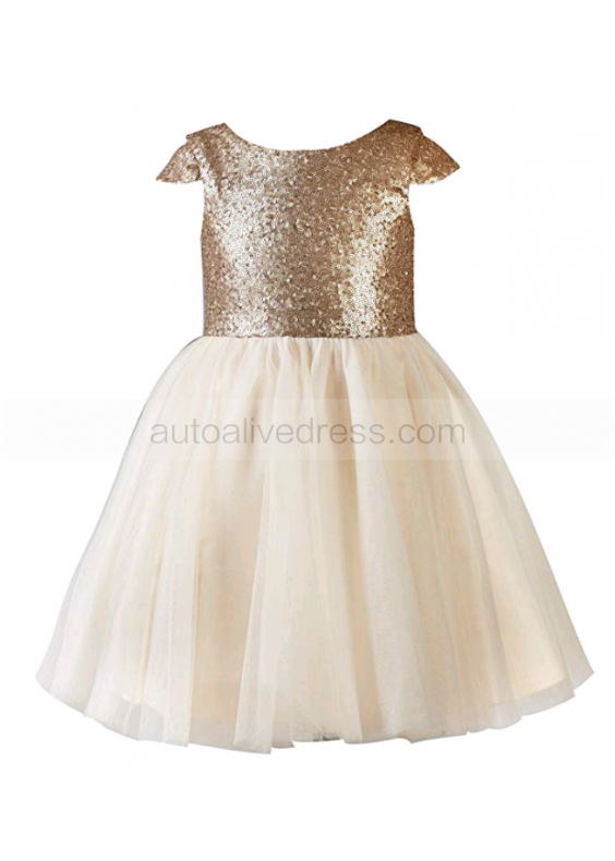 Cap Sleeves Champagne Sequin Tulle Popular Flower Girl Dress